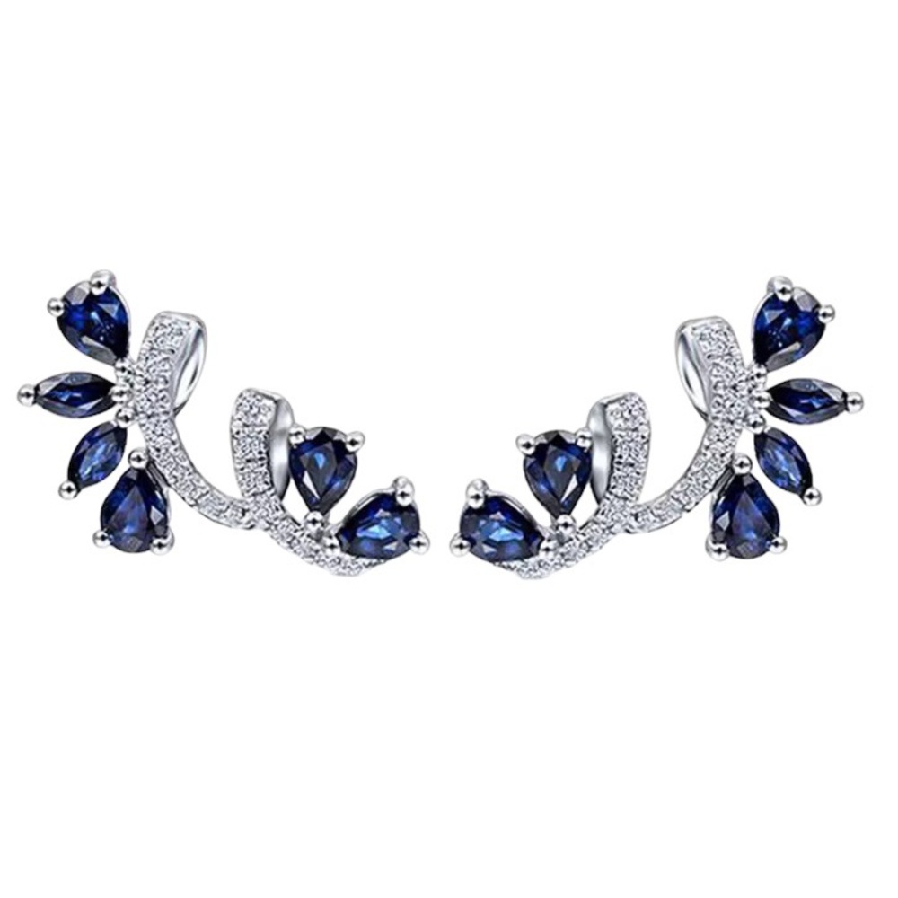 Sapphire & Diamond Silver Stud Earrings - Picture 4 of 8